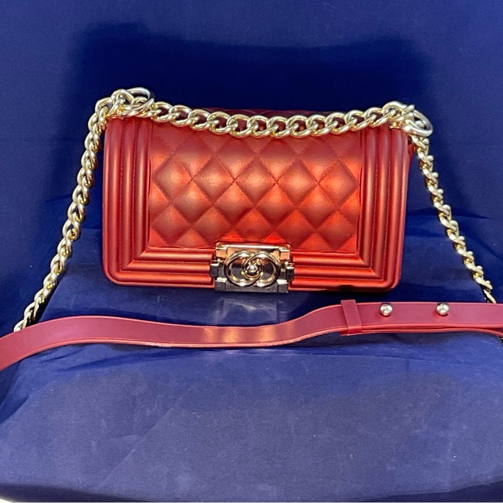 ToyBoy Red Quilted Chain Crossbody Bag Gold Hardware Mini Purse Plastic